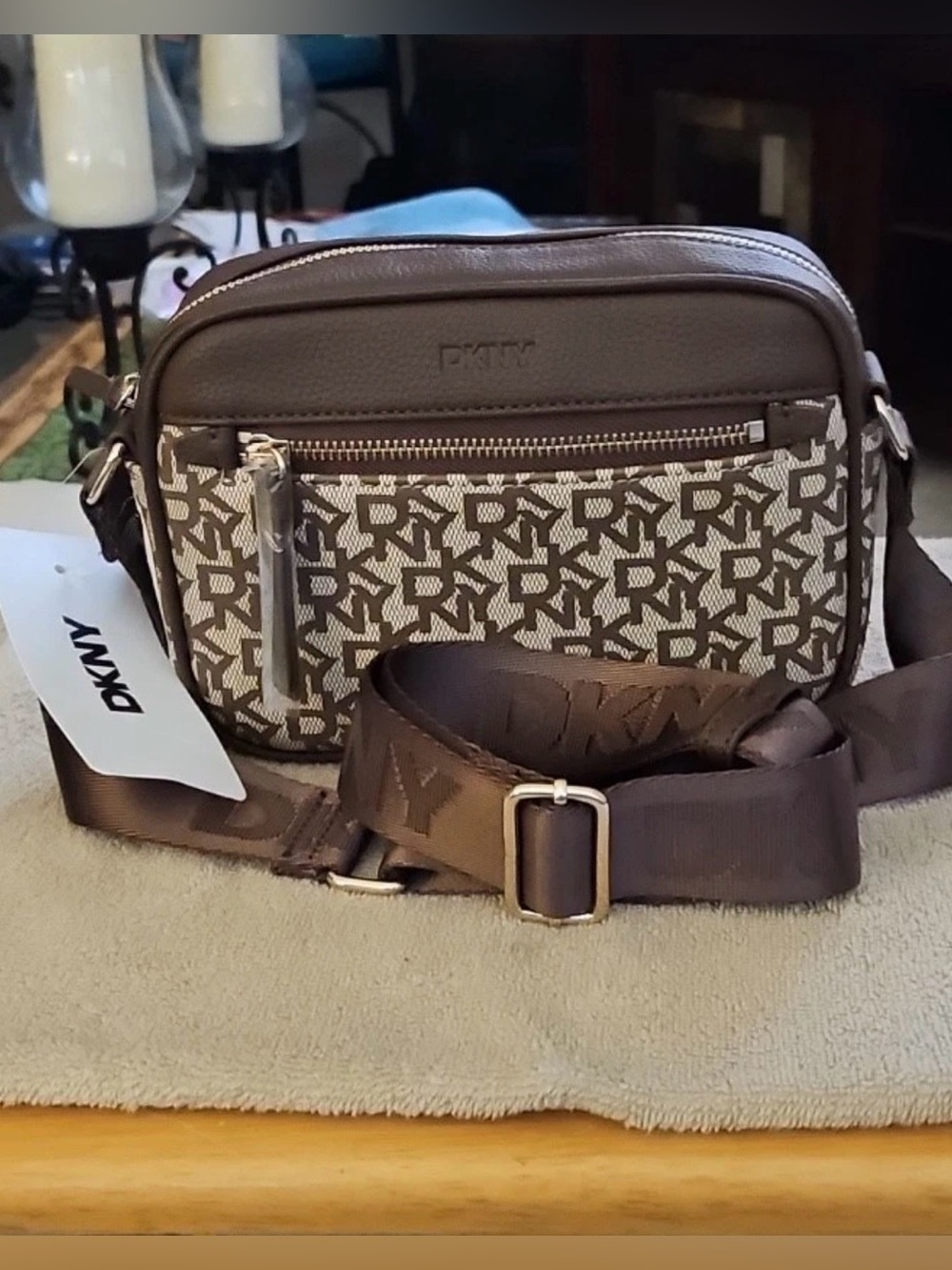 DKNY Brown and Cream Logo purse